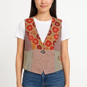 Vintage Patchwork Vest Multicolor Floral Button Front Boho Chic Women’s Top